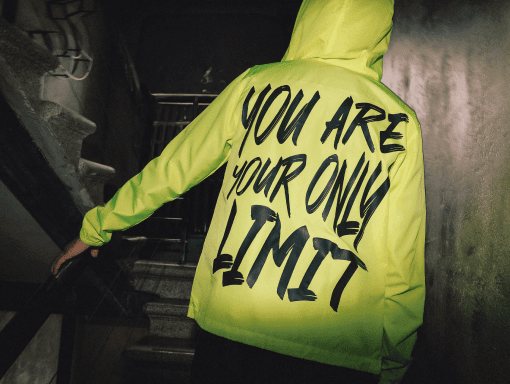 print on demand jacket for artists with a text print that says you are your only limit