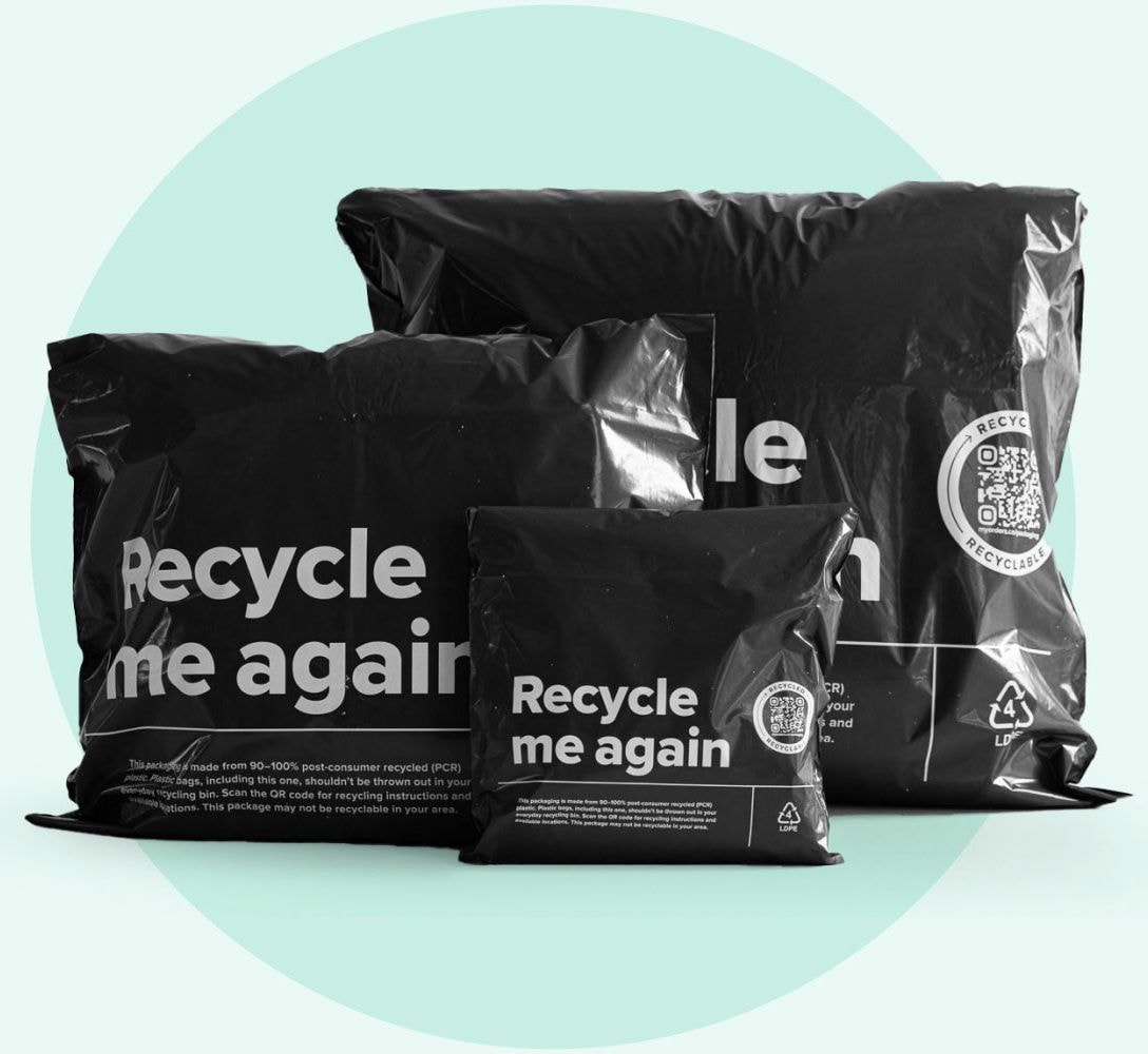 Post-consumer recycled plastic mailers in different sizes